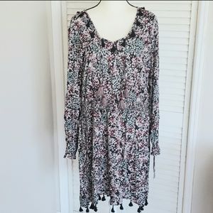 NWT KNOX ROSE BOHO Style Black Floral Long Sleeve Dress with Tassels, Size XXL